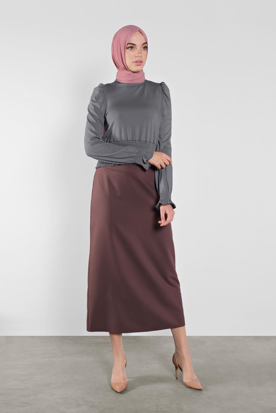 Tesettür giyim GRİ ALVİNA BEL KISMI LASTİKLİ BLUZ 41209	