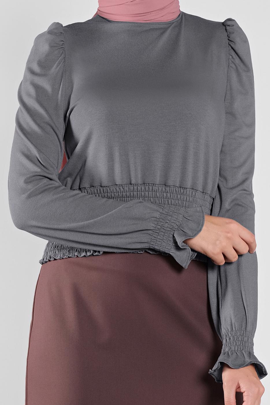 Tesettür giyim GRİ ALVİNA BEL KISMI LASTİKLİ BLUZ 41209	