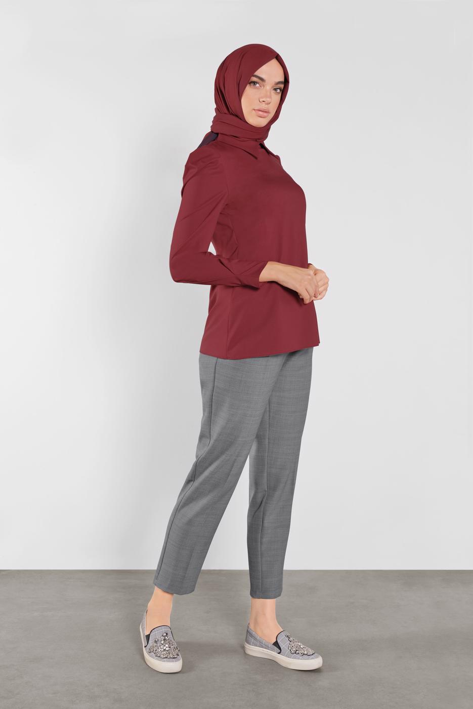 Tesettür giyim BORDO ALVİNA GİGOT KOL GÖMLEK YAKA BLUZ 41222	