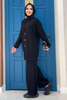 Tesettür giyim SİYAH KENDİNDEN DESENLİ DÜĞMELİ TRİKO HIRKA 01222 