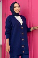 Tesettür giyim LACİVERT KENDİNDEN DESENLİ DÜĞMELİ TRİKO HIRKA 01222 