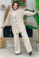 Tesettür giyim BEJ KENDİNDEN DESENLİ DÜĞMELİ TRİKO HIRKA 01222 