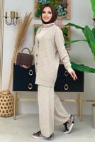 Tesettür giyim BEJ KENDİNDEN DESENLİ DÜĞMELİ TRİKO HIRKA 01222 