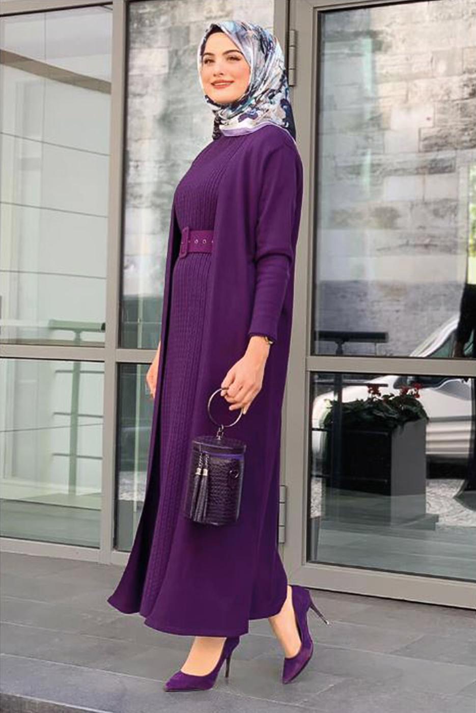 Tesettür giyim MOR UZUN TRİKO HIRKA 02271 