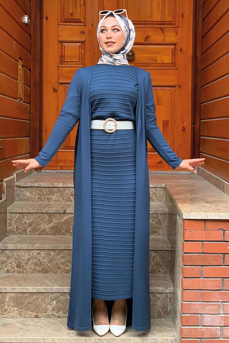 Tesettür giyim MAVİ UZUN TRİKO HIRKA 02271 