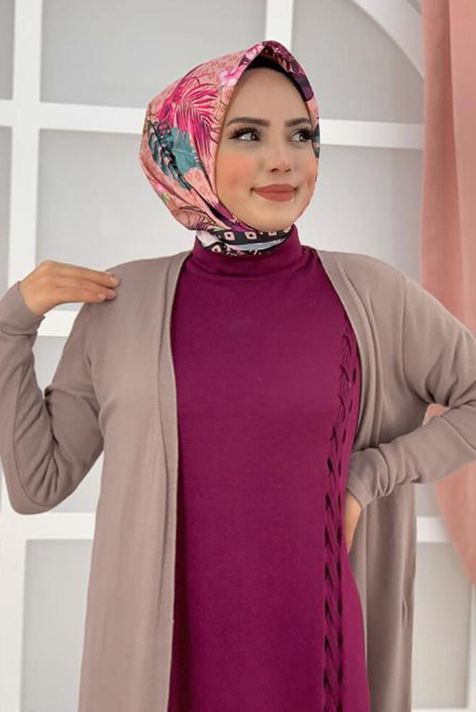 Tesettür giyim VİZON UZUN TRİKO HIRKA 02271 