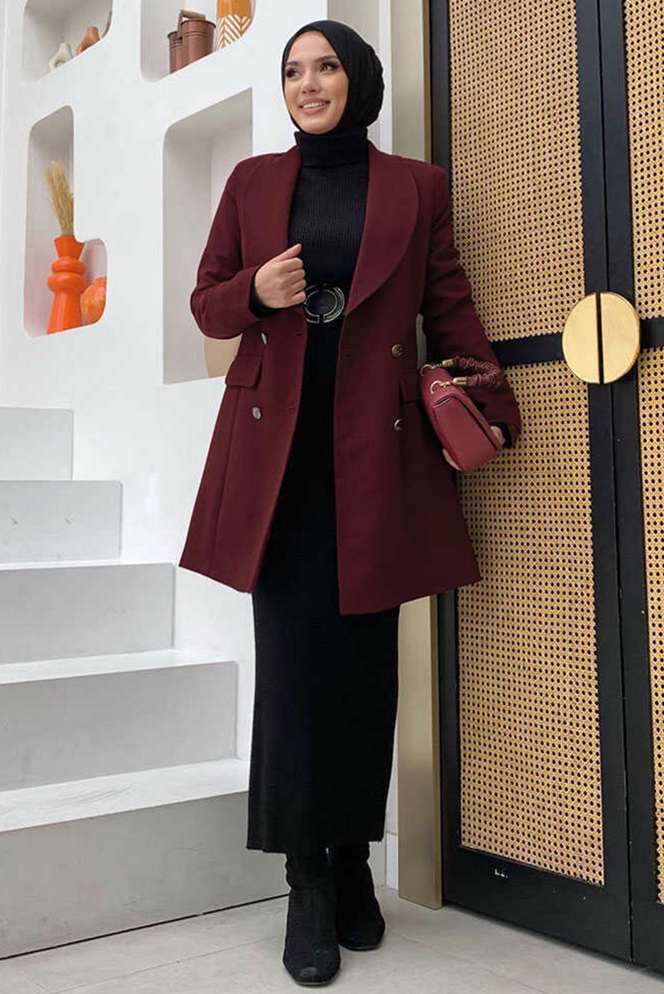 Tesettür giyim BORDO VATKALI DÜĞMELİ CEKET T 0667
