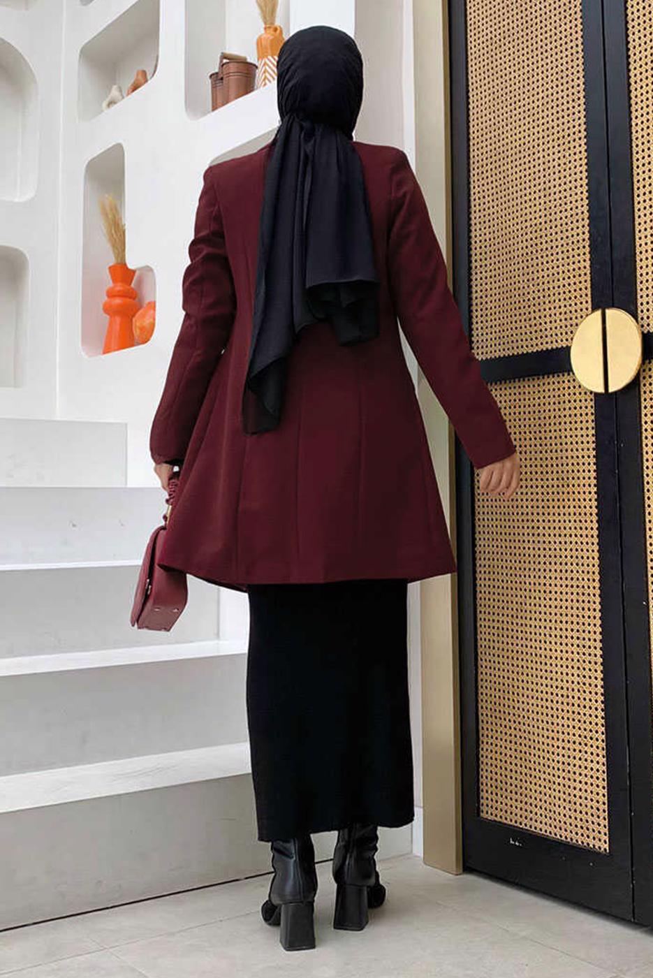 Tesettür giyim BORDO VATKALI DÜĞMELİ CEKET T 0667