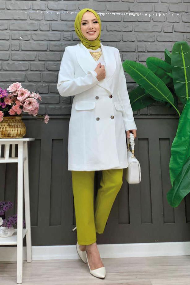 Tesettür giyim EKRU VATKALI DÜĞMELİ CEKET T 0667 - TRENDTESETTÜR