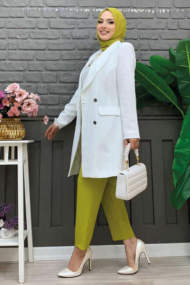 Tesettür giyim EKRU VATKALI DÜĞMELİ CEKET T 0667 - TRENDTESETTÜR