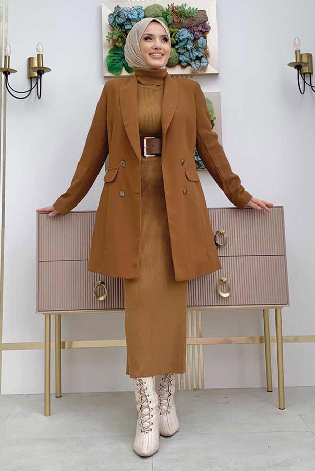 Tesettür giyim TABA VATKALI DÜĞMELİ CEKET T 0667 - TRENDTESETTÜR