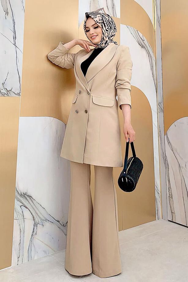 Tesettür giyim BEJ VATKALI DÜĞMELİ CEKET T 0667 - TRENDTESETTÜR