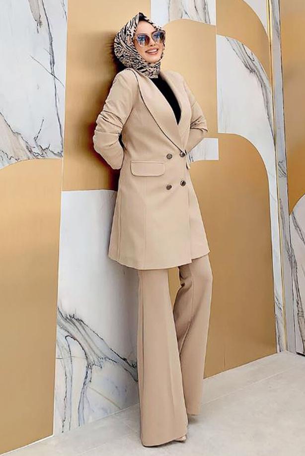 Tesettür giyim BEJ VATKALI DÜĞMELİ CEKET T 0667 - TRENDTESETTÜR