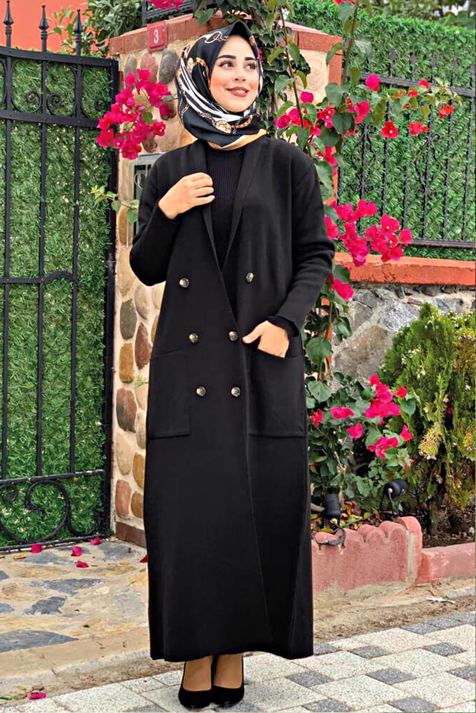 Tesettür giyim SİYAH DÜĞMELİ TRİKO HIRKA 11391 