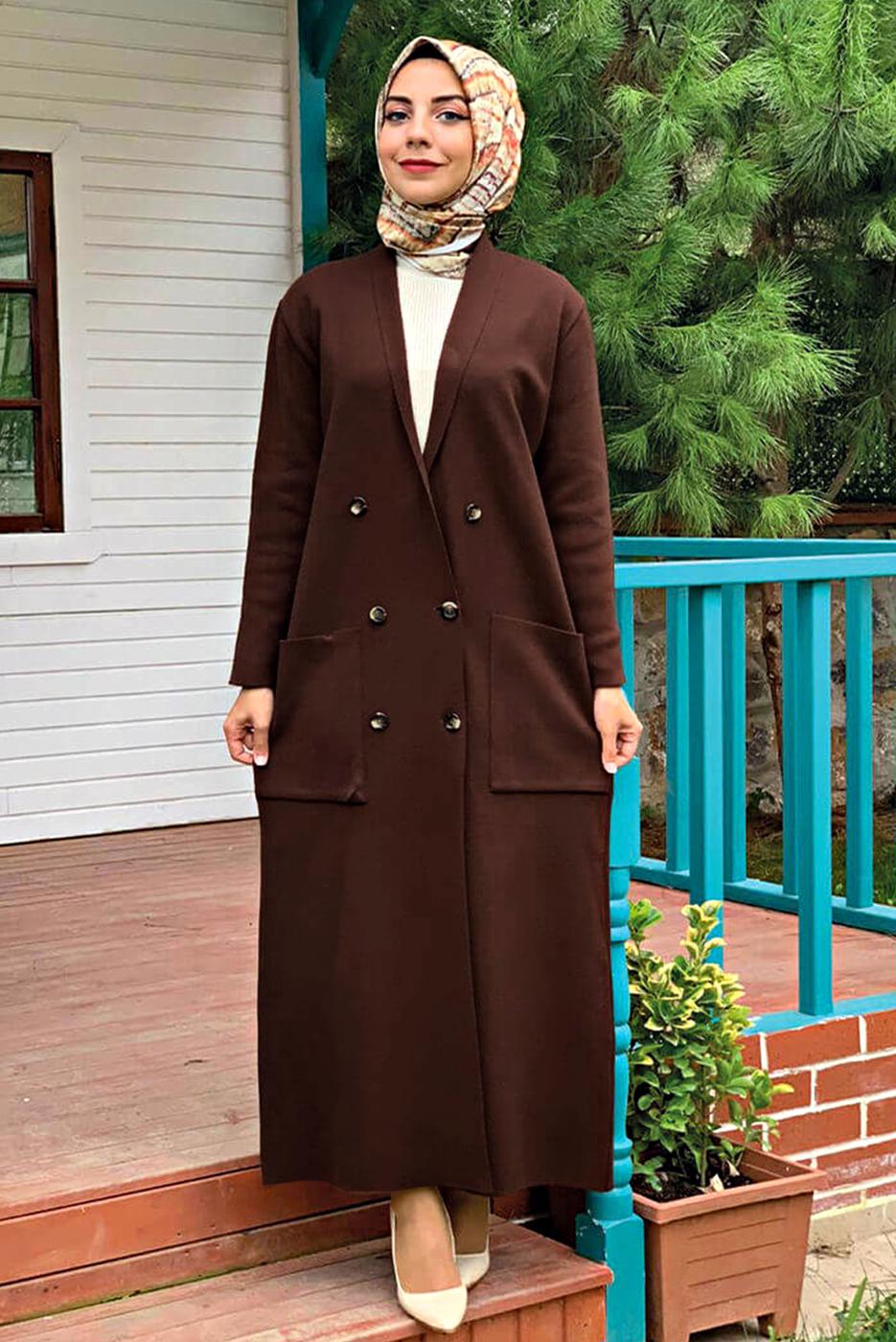 Tesettür giyim KAHVE DÜĞMELİ TRİKO HIRKA 11391 