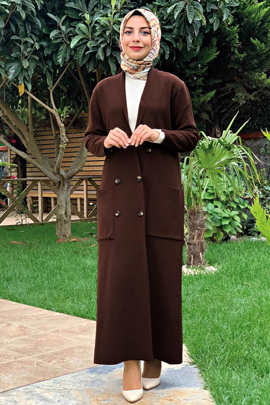 Tesettür giyim KAHVE DÜĞMELİ TRİKO HIRKA 11391 