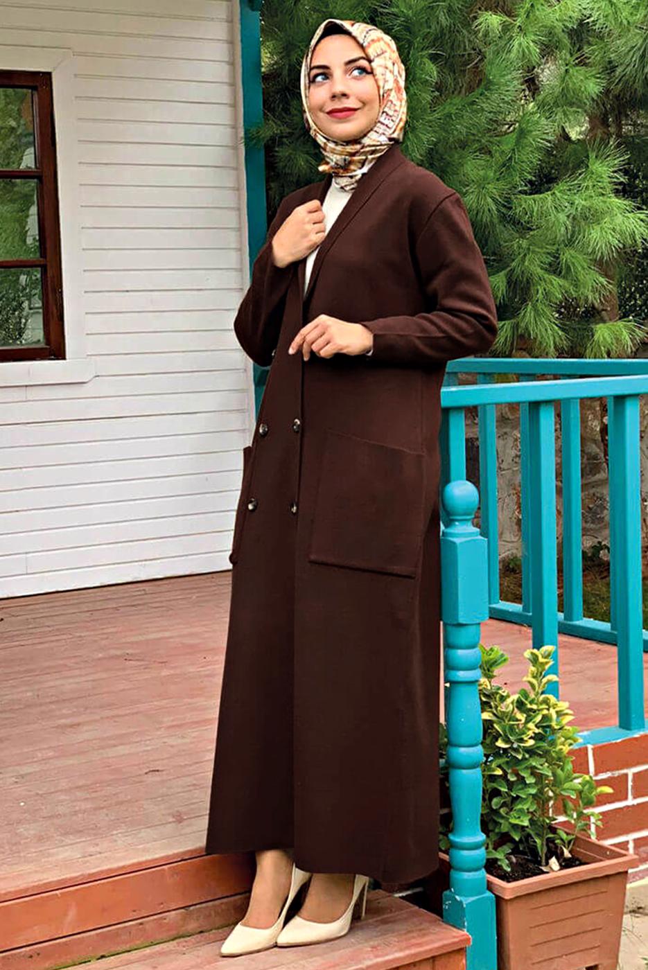 Tesettür giyim KAHVE DÜĞMELİ TRİKO HIRKA 11391 