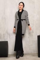 Tesettür giyim SİYAH KUŞAKLI DESENLİ TRİKO HIRKA 1692 