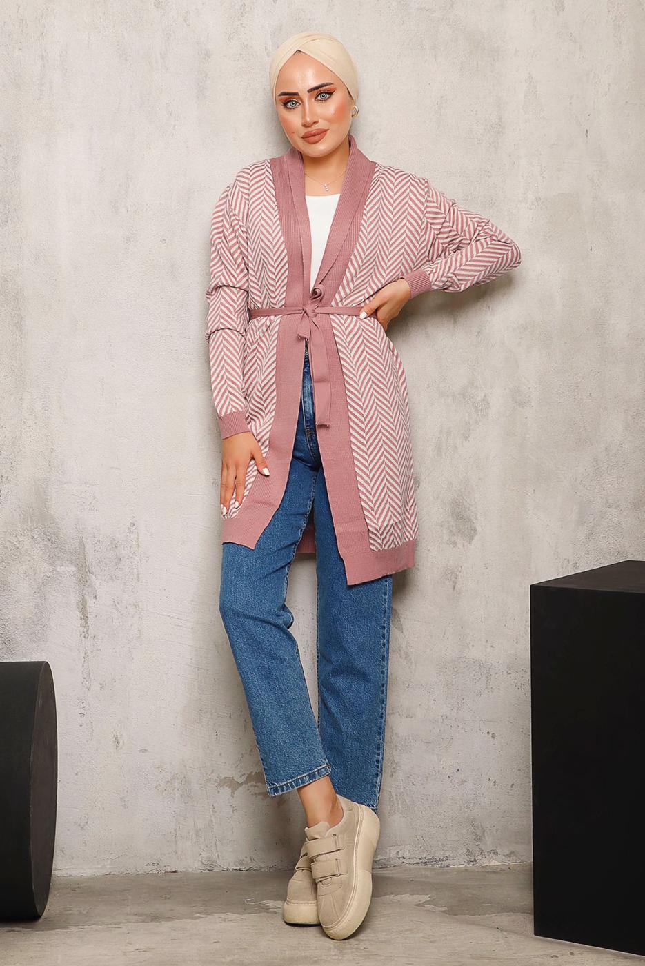 Tesettür giyim PUDRA KUŞAKLI DESENLİ TRİKO HIRKA 1692 