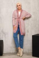 Tesettür giyim PUDRA KUŞAKLI DESENLİ TRİKO HIRKA 1692 