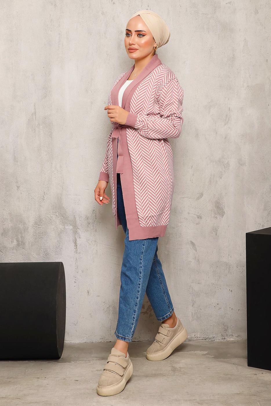 Tesettür giyim PUDRA KUŞAKLI DESENLİ TRİKO HIRKA 1692 