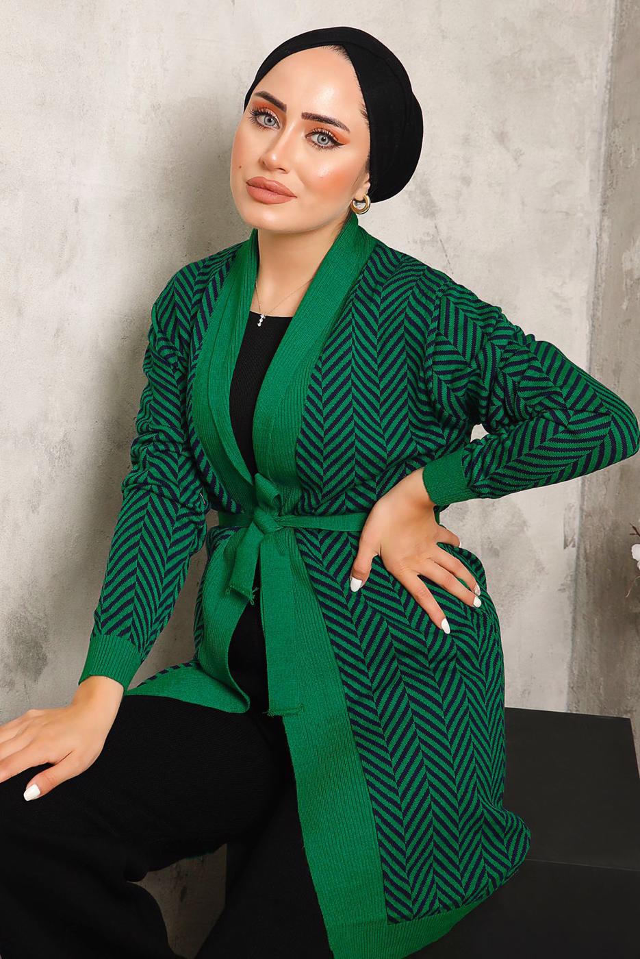 Tesettür giyim YEŞİL KUŞAKLI DESENLİ TRİKO HIRKA 1692 