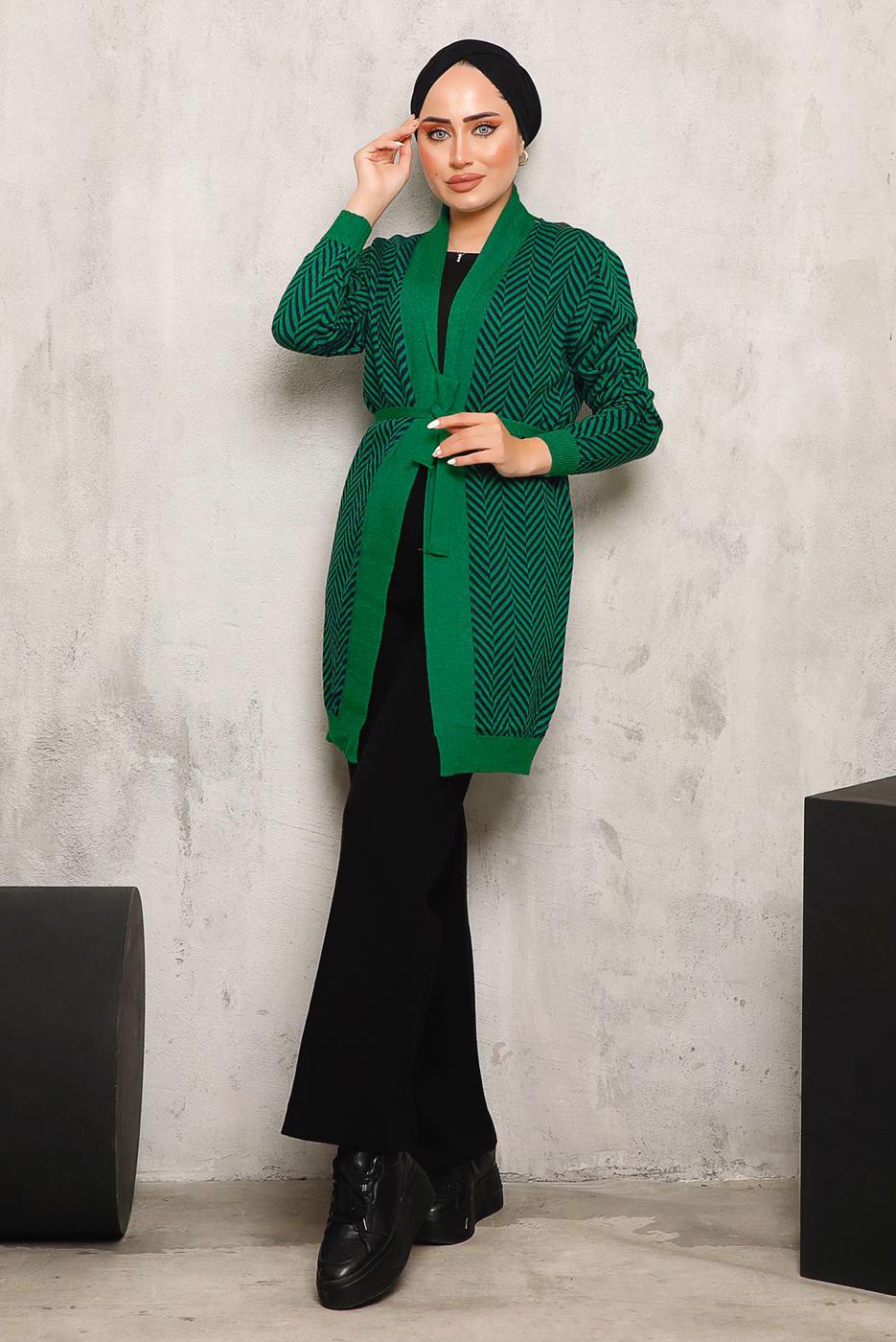 Tesettür giyim YEŞİL KUŞAKLI DESENLİ TRİKO HIRKA 1692 