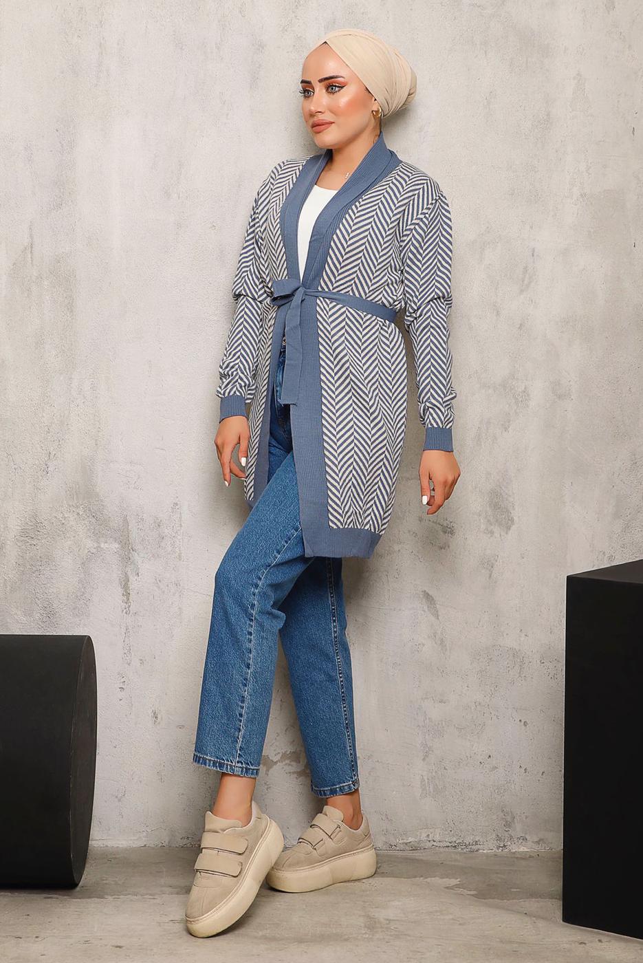 Tesettür giyim LACİVERT KUŞAKLI DESENLİ TRİKO HIRKA 1692 