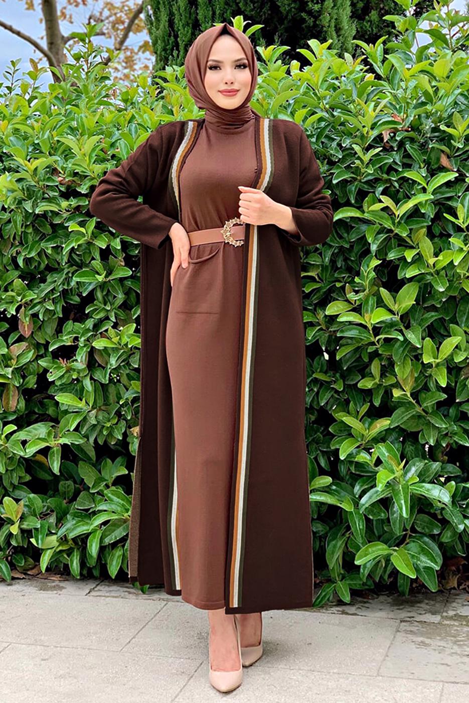 Tesettür giyim KAHVE ÇİZGİLİ TRİKO HIRKA 22102