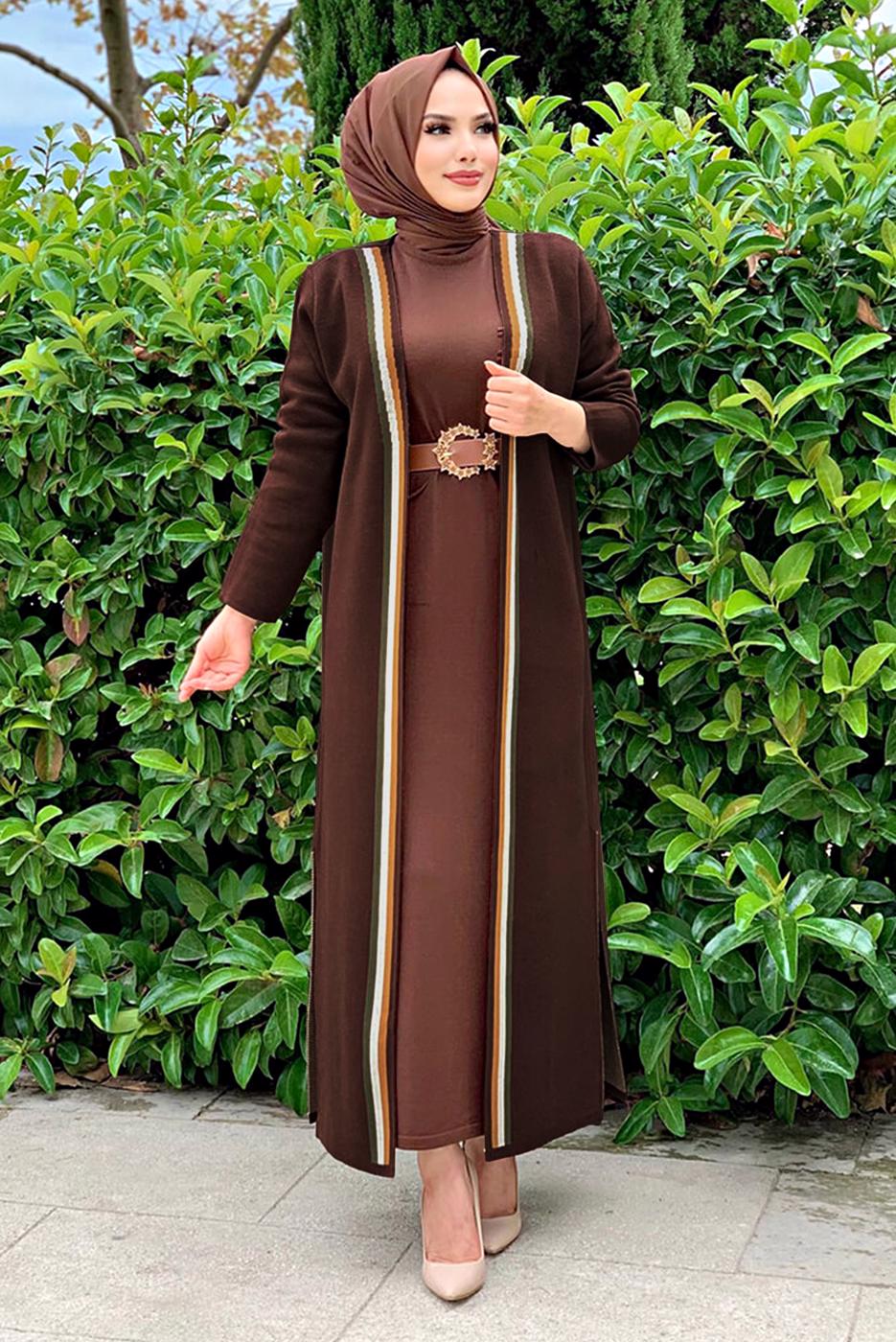 Tesettür giyim KAHVE ÇİZGİLİ TRİKO HIRKA 22102