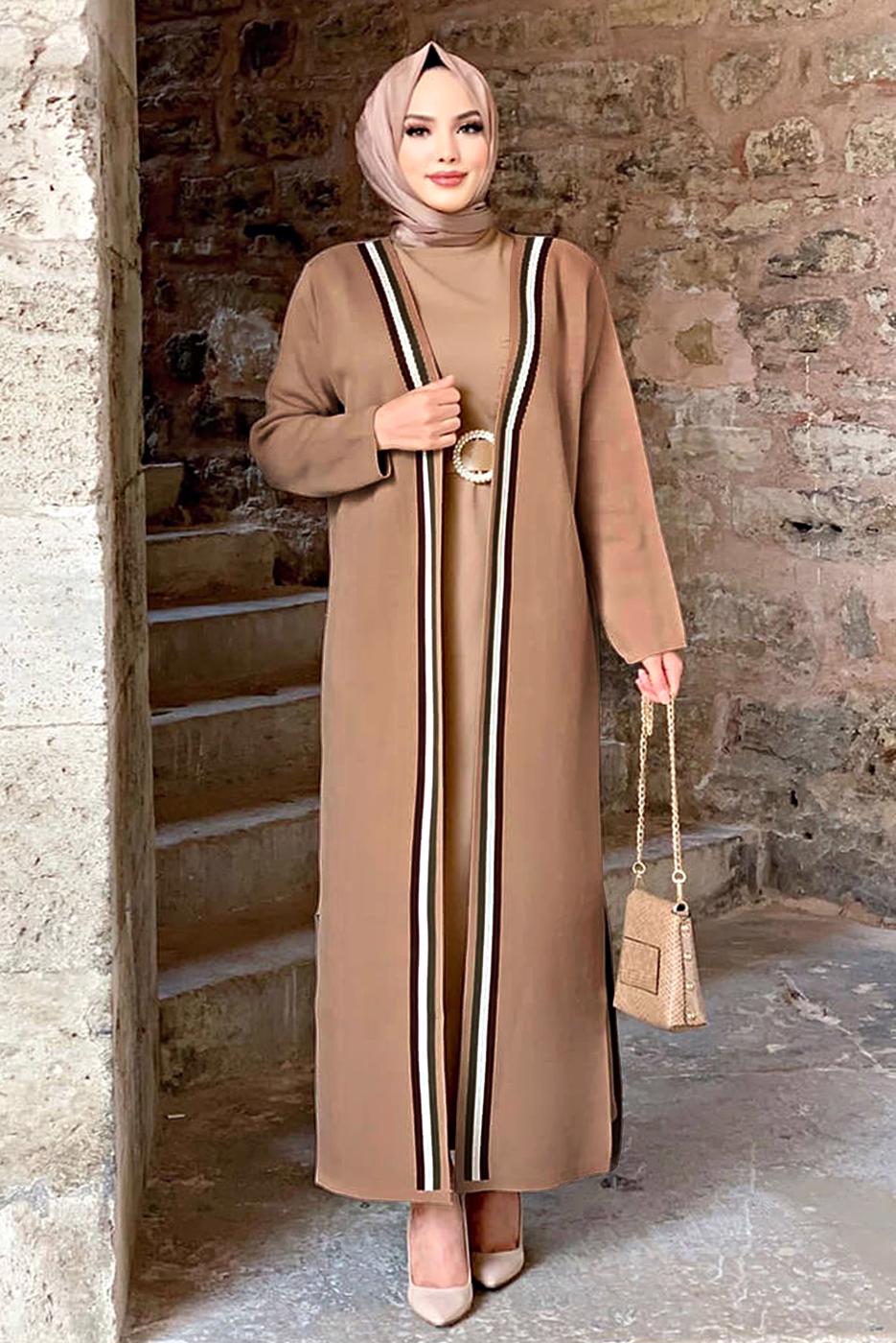 Tesettür giyim TABA ÇİZGİLİ TRİKO HIRKA 22102