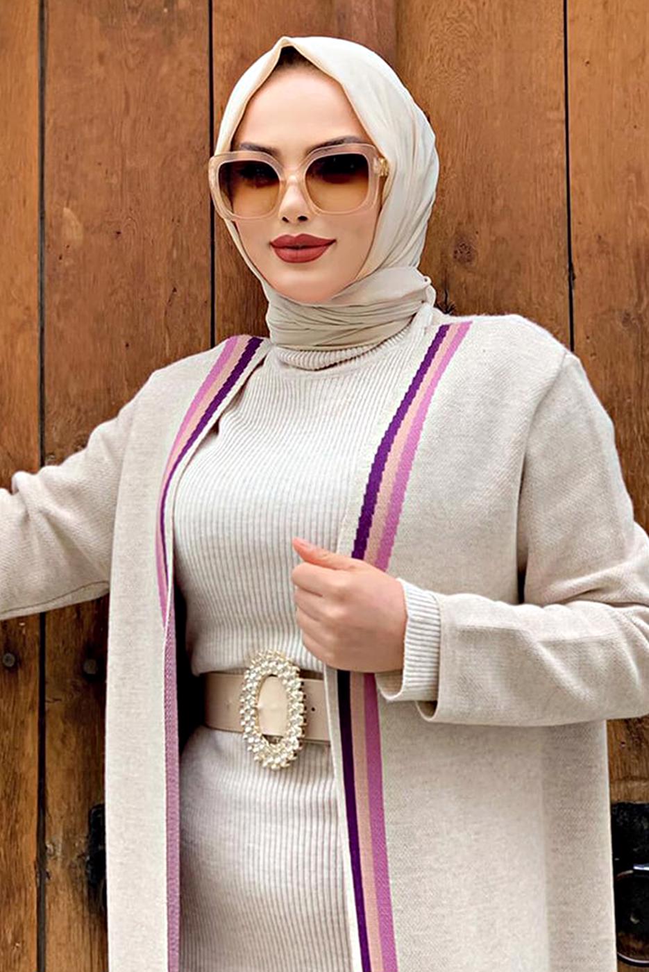 Tesettür giyim BEJ ÇİZGİLİ TRİKO HIRKA 22102