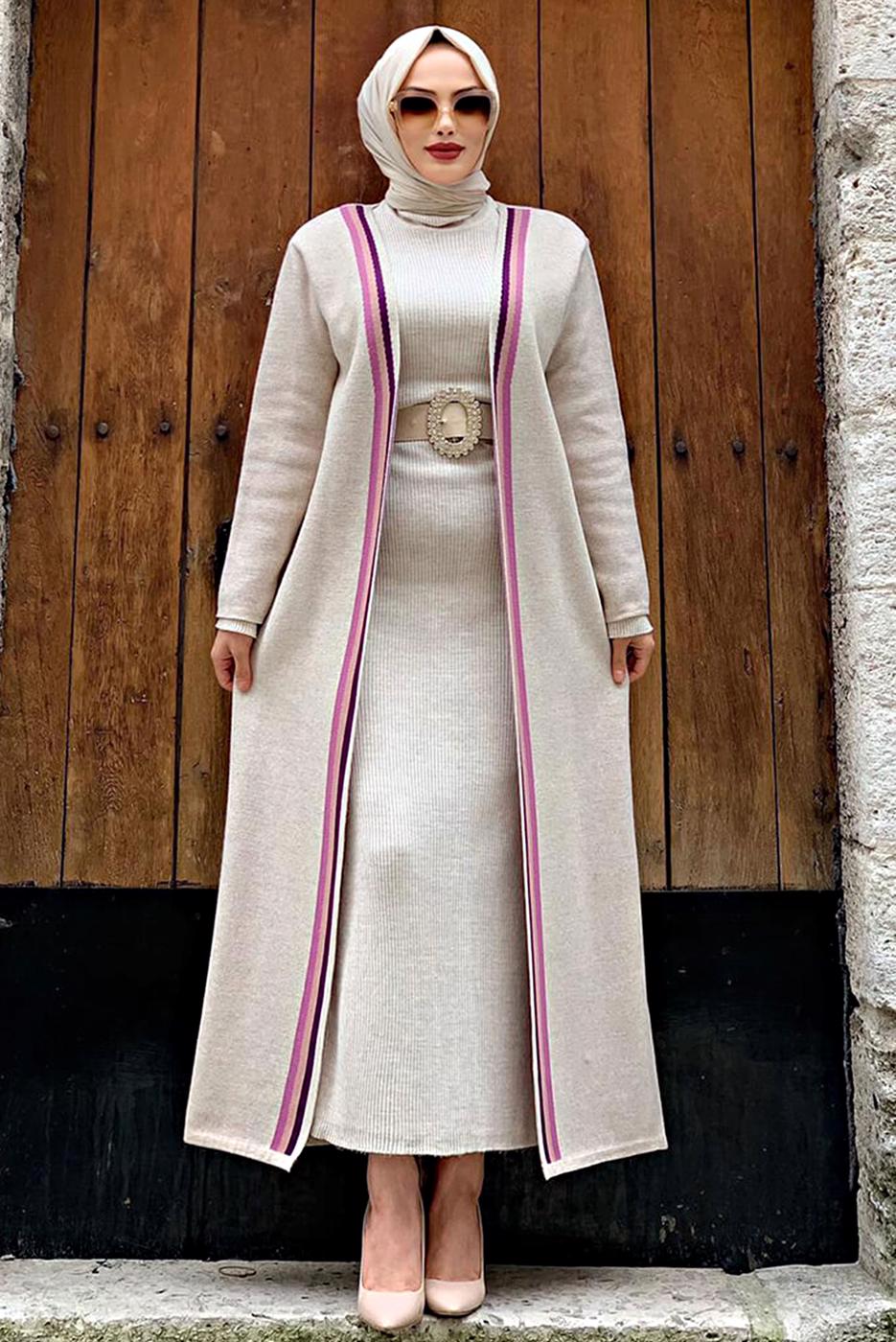 Tesettür giyim BEJ ÇİZGİLİ TRİKO HIRKA 22102