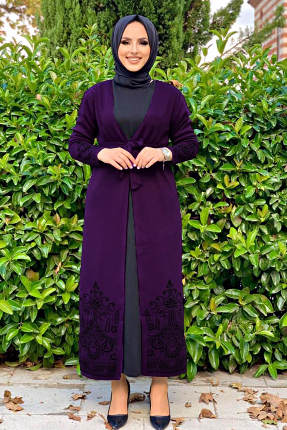Tesettür giyim MOR DESENLİ KUŞAKLI TRİKO HIRKA 35281-2 