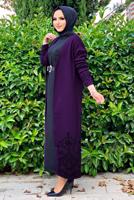 Tesettür giyim MOR DESENLİ KUŞAKLI TRİKO HIRKA 35281-2 