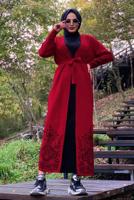 Tesettür giyim BORDO DESENLİ KUŞAKLI TRİKO HIRKA 35281-2 