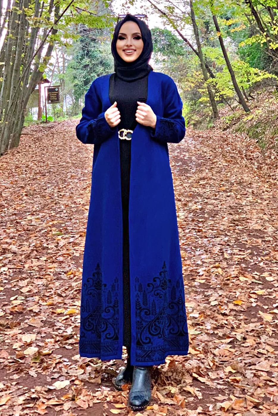 Tesettür giyim LACİVERT DESENLİ KUŞAKLI TRİKO HIRKA 35281-2 