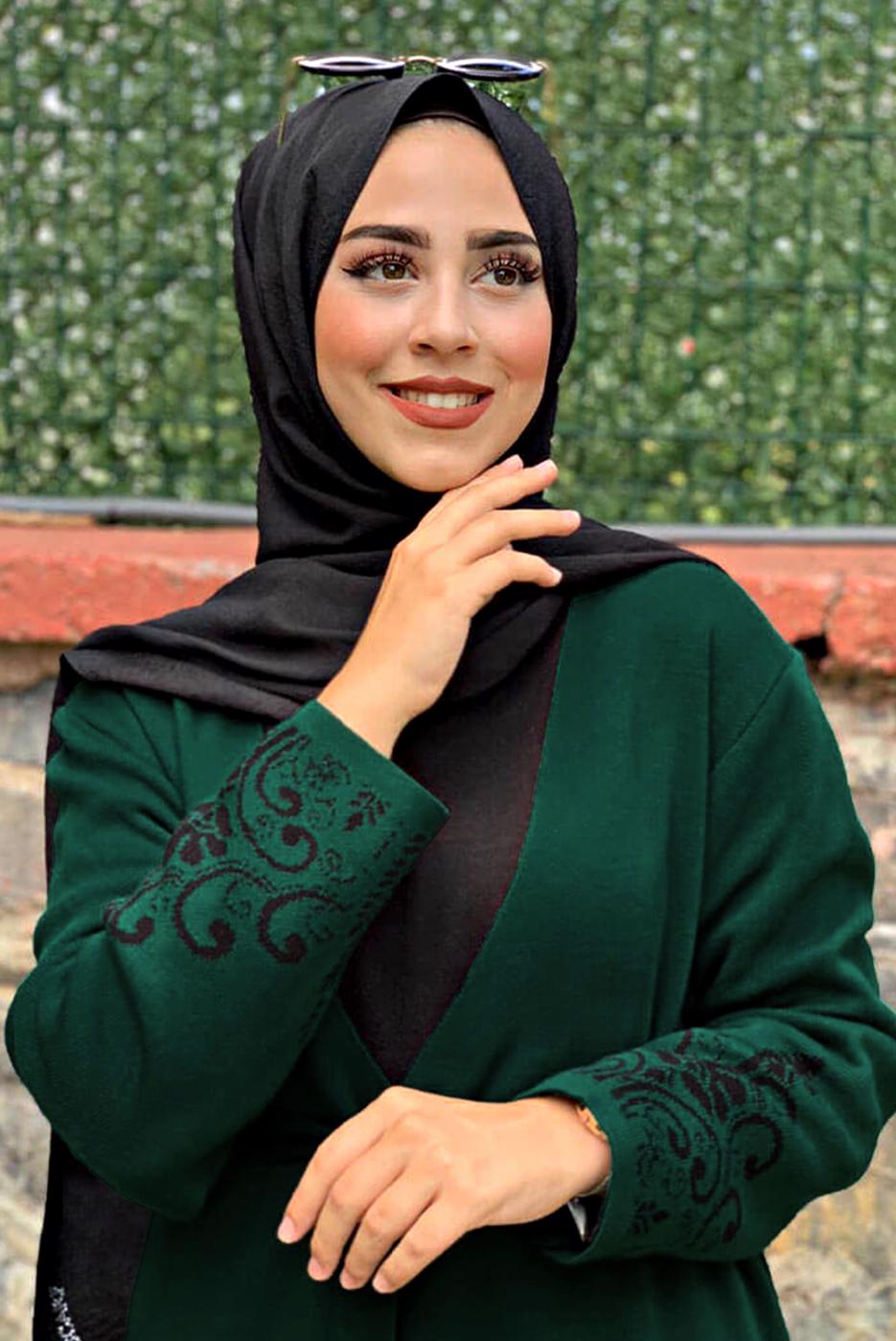 Tesettür giyim YEŞİL DESENLİ KUŞAKLI TRİKO HIRKA 35281-2 