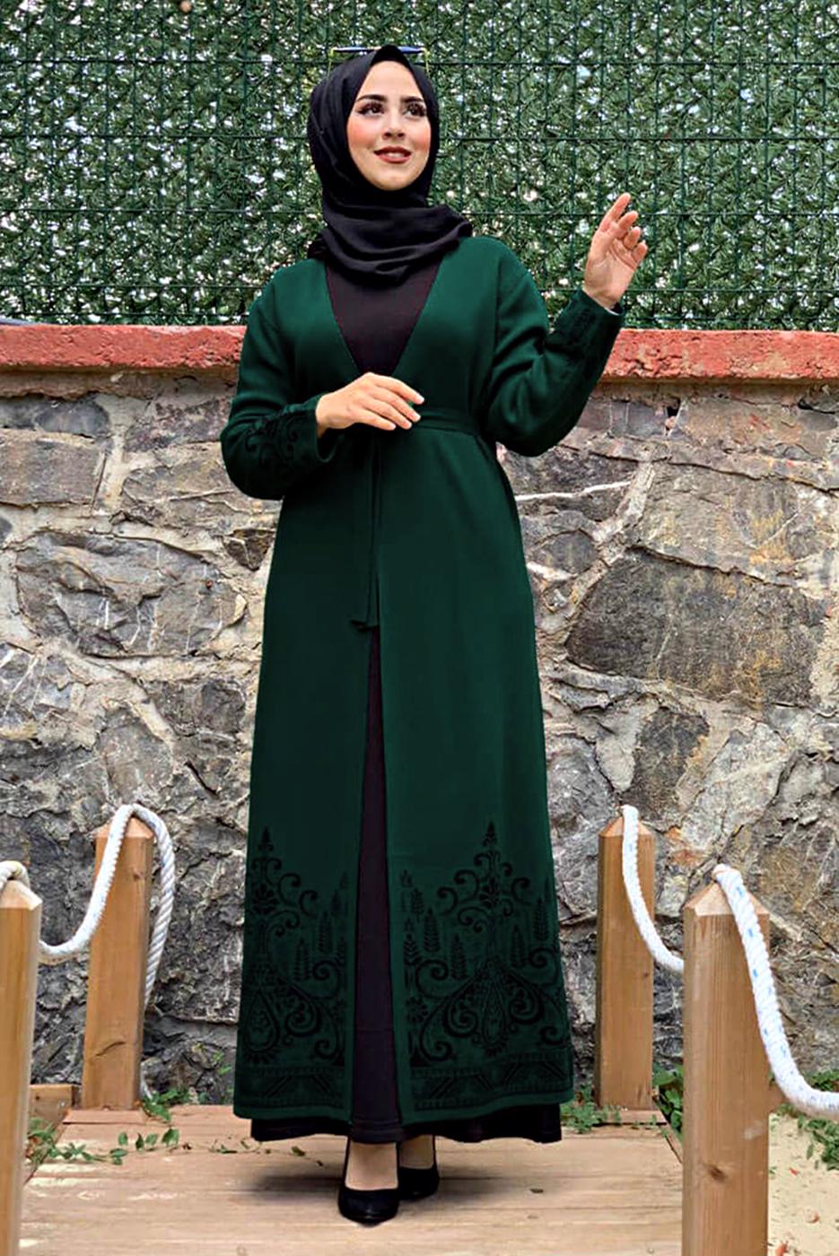 Tesettür giyim YEŞİL DESENLİ KUŞAKLI TRİKO HIRKA 35281-2 