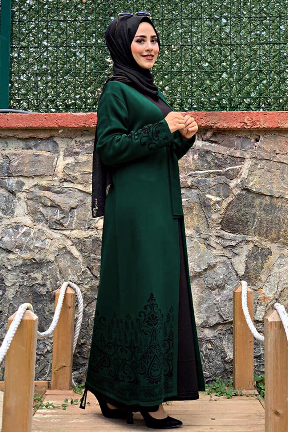 Tesettür giyim YEŞİL DESENLİ KUŞAKLI TRİKO HIRKA 35281-2 