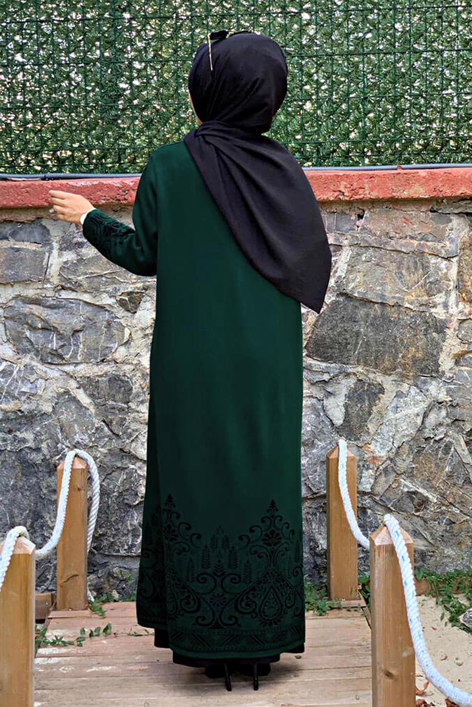 Tesettür giyim YEŞİL DESENLİ KUŞAKLI TRİKO HIRKA 35281-2 