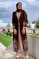 Tesettür giyim KAHVE DESENLİ KUŞAKLI TRİKO HIRKA 35281-2 
