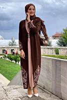 Tesettür giyim KAHVE DESENLİ KUŞAKLI TRİKO HIRKA 35281-2 