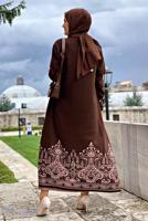 Tesettür giyim KAHVE DESENLİ KUŞAKLI TRİKO HIRKA 35281-2 