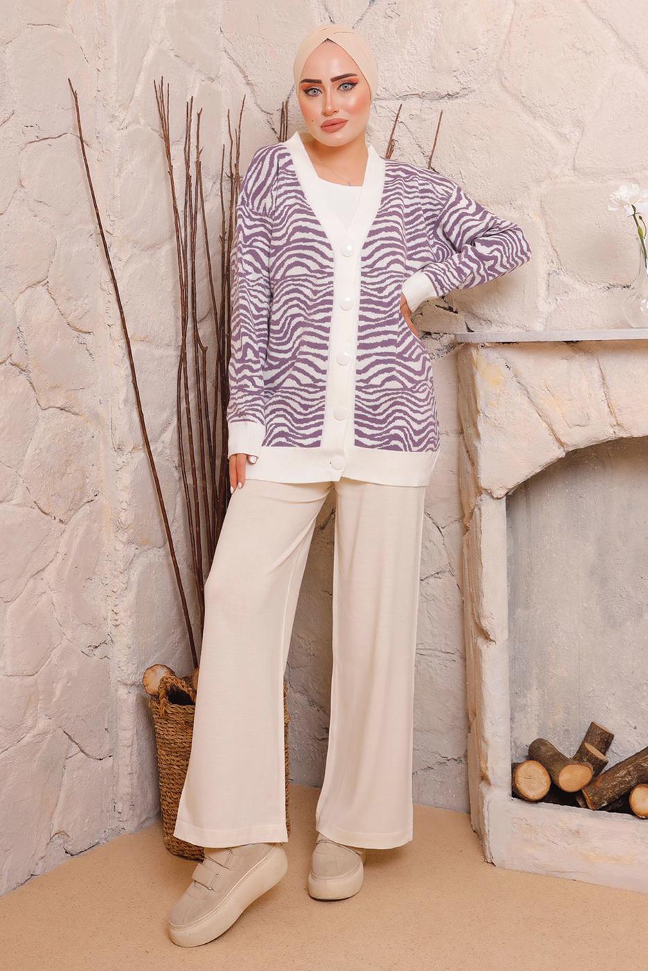 Tesettür giyim MOR ZEBRA DESENLİ TRİKO HIRKA 3892	