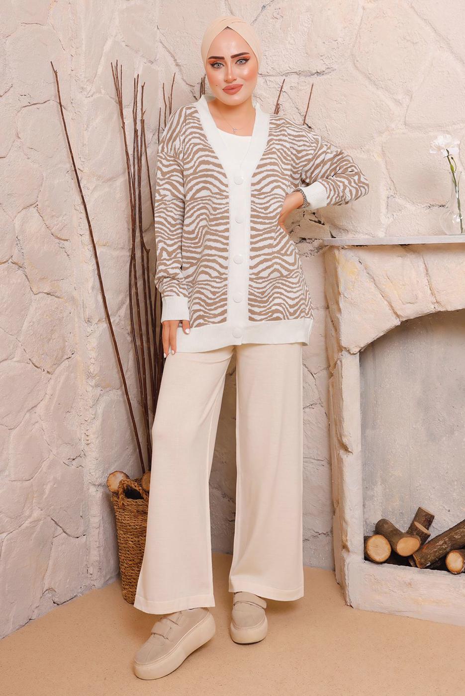 Tesettür giyim KAHVE ZEBRA DESENLİ TRİKO HIRKA 3892	