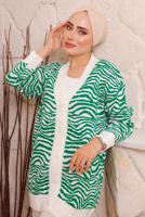 Tesettür giyim YEŞİL ZEBRA DESENLİ TRİKO HIRKA 3892	
