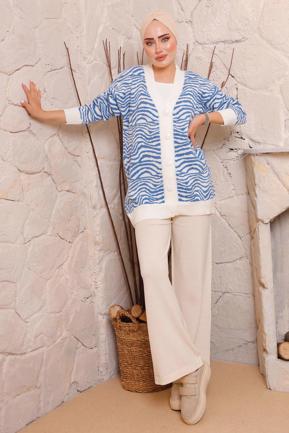 Tesettür giyim LACİVERT ZEBRA DESENLİ TRİKO HIRKA 3892	