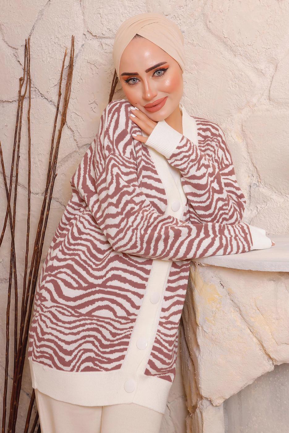 Tesettür giyim TURUNCU ZEBRA DESENLİ TRİKO HIRKA 3892	