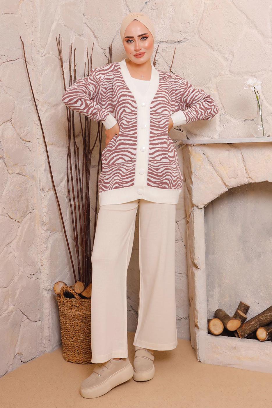 Tesettür giyim TURUNCU ZEBRA DESENLİ TRİKO HIRKA 3892	